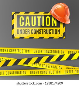Under construction realistic poster with orange helmet caution placard and fencing tape with yellow and black stripes vector illustration