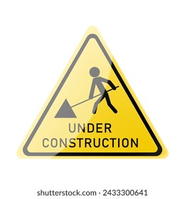 Under construction road sign with man and a shovel. Under construction warning sign. Triangle yellow sign. Be careful at construction site. Repair work.