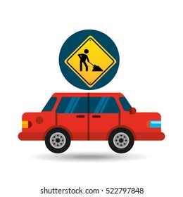 under construction road sign sedan red vector illustration eps 10