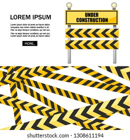 Under construction road sign. Yellow road sign with light bulb. Construction industry. Flat vector illustration on white background. Road repair concept. Web site page and app design.