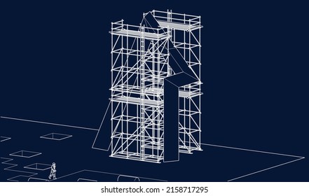 under construction with scaffolding architecture 3D illustration line sketch blueprint