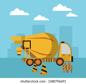 under construction scene with concrete mixer truck vector illustration design