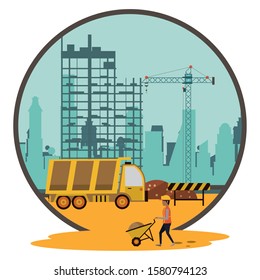 under construction scene with dump truck vector illustration design