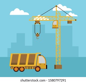 under construction scene with dump truck vector illustration design