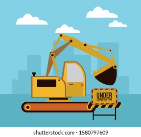 under construction scene with excavator vector illustration design