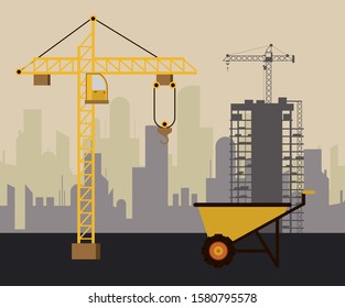 under construction scene with wheelbarrow vector illustration design