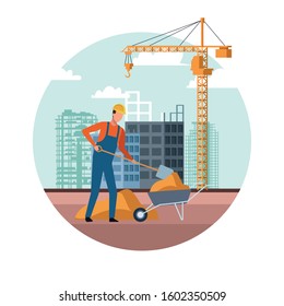 under construction scenery with builder working over white background, colorful design, vector illustration
