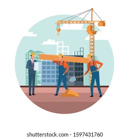 under construction scenery with engineers and builders working over white background, colorful design, vector illustration