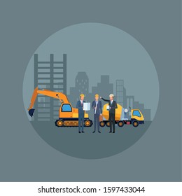 under construction scenery with engineers and construction trucks over gray background, colorful design, vector illustration