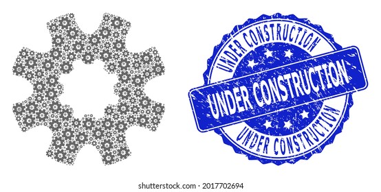 Under Construction scratched round seal print and vector recursion collage cog gear. Blue stamp seal contains Under Construction caption inside round shape.