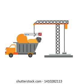 Under construction security system cargo truck and hook crane vector illustration graphic design