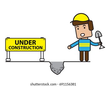 Under construction with service man , flat cartoon design