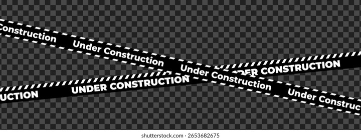 Em construção sinal com fita de aviso preta faixa de segurança. Faixa de barreira de cuidado para zona de segurança, área bloqueada, página do site, trabalho rodoviário, manutenção do site, progresso do redesign. Ilustração vetorial.