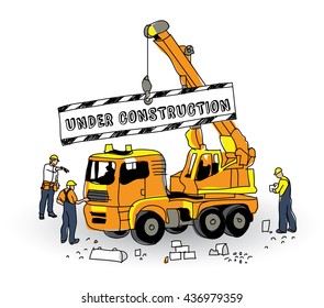 Under construction sign builder and objects on white. Color vector illustration. EPS8