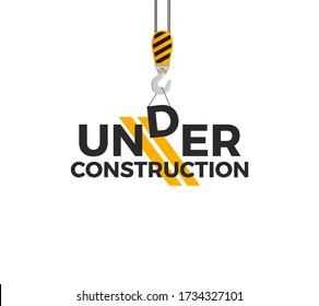 Under construction sign concept with crane hook and Under Construction caption. Isolated on white background. Vector illustration