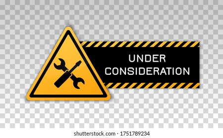 Under construction sign. Construct under banner. Signage danger. Warning caution. Board attract attention. Hammer, spanner. Yellow triangle frame isolated on background. Reconstruction sign. Vector 