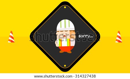 Under construction sign, cute cartoon worker character apologizing, road barrier, street traffic safety cones icon with stripe pattern, isolated object vector. Rounded corner square shape background. Stock photo © 