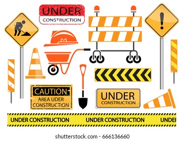 under construction sign and equipment, vector set