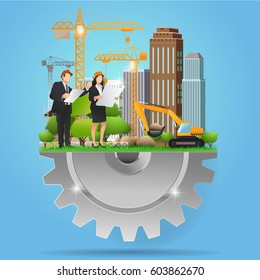 Under construction sign with gears