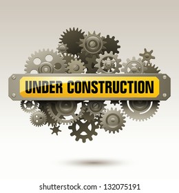 Under construction sign with gears, eps10 vector