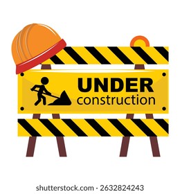 Under construction sign with hard hat, caution stripes, stick figure worker, yellow warning board, vector art