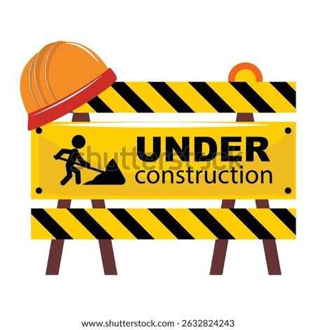 Under construction sign with hard hat, caution stripes, stick figure worker, yellow warning board, vector art