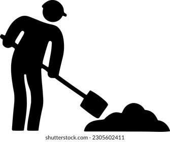 Under construction sign indicator. Construction site area with a man wearing a hard hat using a shovel to dig a dirt pile. Sign and symbol icon image.