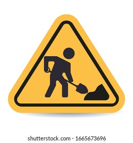 Under construction sign with man digging ground. Eps10 vector illustration.