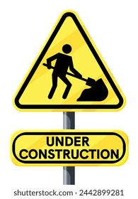 Under Construction Sign with Man Digging Ground. Road Construction Site Sign with Yellow Ribbon. Worker with Shovel. Road and House Building. Cartoon Flat Vector Illustration