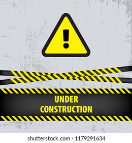 Under construction sign on gray ground background. Vector illustration for website. Under construction triangle with black and yellow striped borders vector illustration. Process of building. 