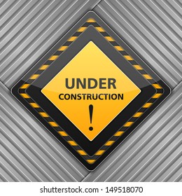 Under construction sign on striped metal background, vector eps10 illustration