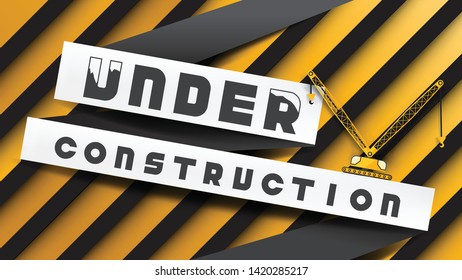 Under construction sign paper cut style on yellow black stripes background. EPS10, Vector, illustration. Size ratio 1920x1080 px.