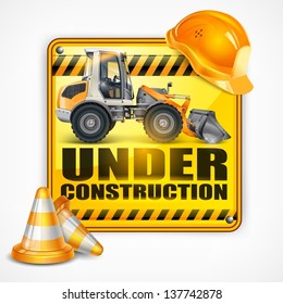 Under construction sign square & tractor, on white, vector illustration.