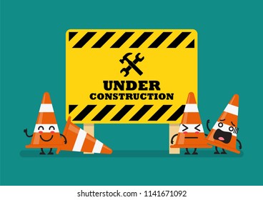 Under construction sign and traffic cones character. Vector illustration