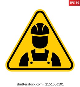 Under construction sign. Vector illustration of yellow triangle warning sign with building worker with helmet. Engineer symbol isolated on white background. Graphics designed for web, app, page.