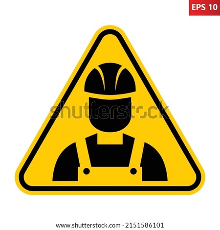 Under construction sign. Vector illustration of yellow triangle warning sign with building worker with helmet. Engineer symbol isolated on white background. Graphics designed for web, app, page.
