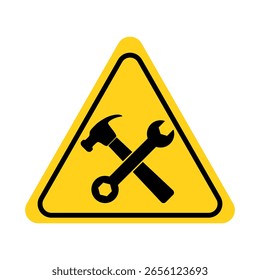 Cartel en construcción. Señal de advertencia en construcción. 
Tenga cuidado en el sitio de construcción. Trabajos de reparación, Máquina. Diseño de Ilustración vectorial plana.