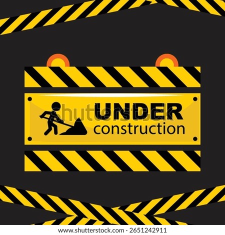 Under construction sign with warning tape, work in progress symbol, modern illustration for website