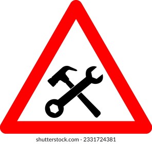 Under construction sign. Warning sign workshop. Red triangle sign with crossed hammer and wrench icon inside. Caution at the construction site. Workers, machinery and other obstacles.