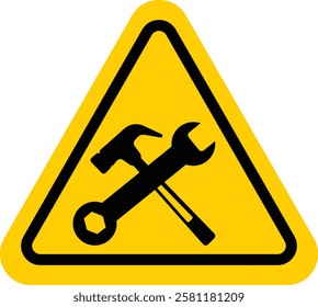 Under construction sign. Under construction warning sign. Yellow triangle sign with a crossed hammer and a wrench. Be careful at construction site. Repair work. Cars. Machine. Vector illustration
