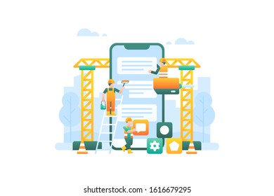 Under construction sign for website homepage background. The workers are building a smartphone application.