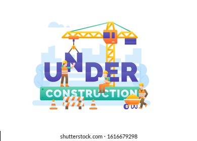 Under construction sign for website homepage background. The workers are building a large under construction text for website homepage background.