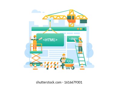 Under construction sign for website homepage background. Workers are building an html website user interface.