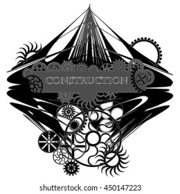 Under Construction Sign with Wheels, Isolated on White Background. Label in Steampunk style.