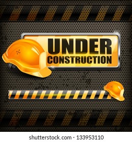 Under construction sign yellow & helmet on black background. Vector Illustration.