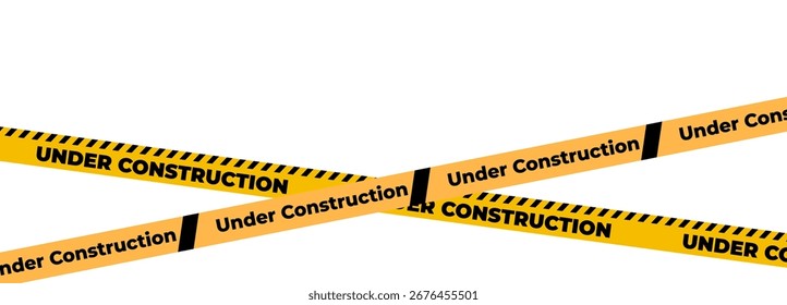 Im Bau Schild mit gelbem Warnband Sicherheitsstreifen. Vorsicht Barriere Streifen für Sicherheitszone, Sperrgebiet, Website-Seite, Straßenarbeiten, Website-Wartung, Redesign Fortschritt. Vektorgrafik.