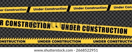 Under construction sign with yellow warning tape safety stripe. Caution barrier stripe for safety zone, blocked area, website page, road work, site maintenance, redesign progress. Vector illustration.