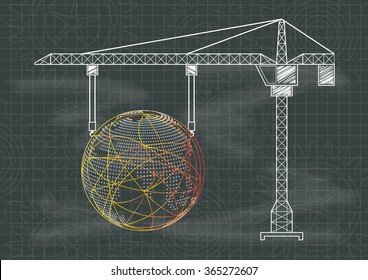 Under Construction signs world crane gears and cogs chalkboard blueprint