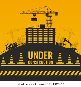 Under construction silhouettes design with building and equipment on hill barrier tape and cones vector illustration