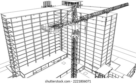 under construction site building frame with tower crane structure 3D illustration